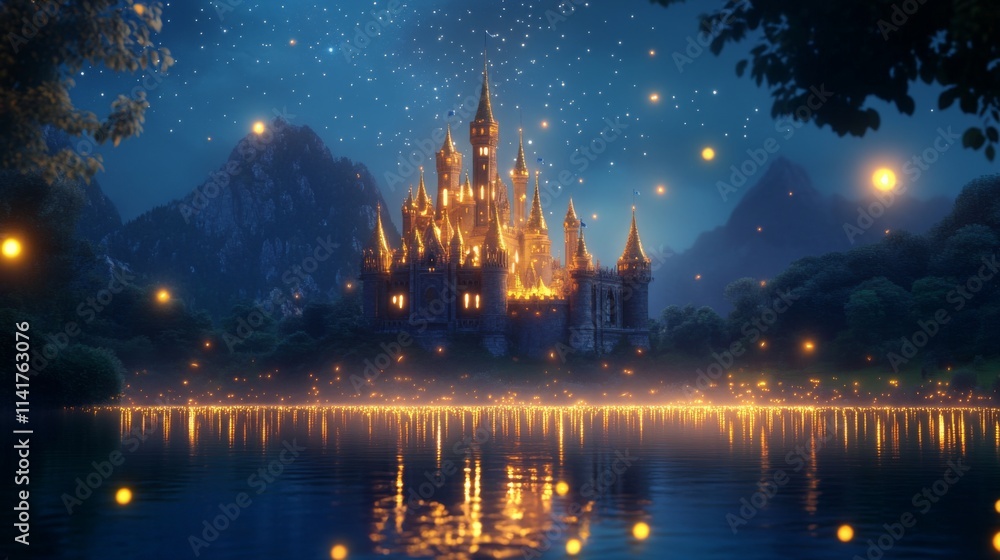 Fototapeta premium Magical castle at night, illuminated, reflecting in calm water, surrounded by mountains and fireflies.