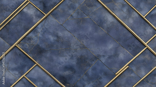 Abstract blue marble texture with gold geometric frame. photo