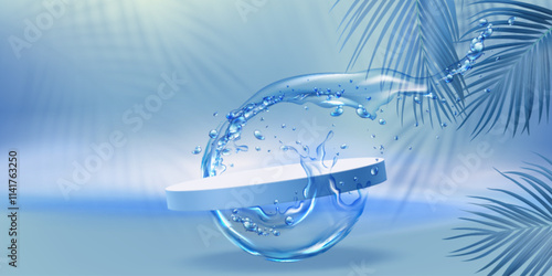 Tropical water splash stage design with floating platform - cylindrical podium encircled by dynamic liquid ring, crystal drops, palm leaves on pastel blue background for spa product showcase.