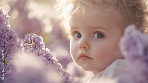Adorable baby sitting among beautiful lilac flowers, capturing innocence and warmth in a serene outdoor setting.