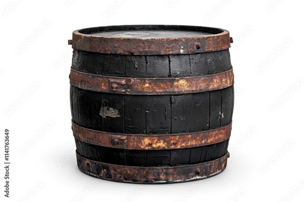 Rusty paint peeling off a weathered wooden barrel in a rustic setting. Rusty paint peeling off a weathered wooden barrel in a rustic setting.
