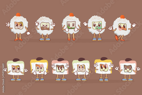 A set of vector icons of delicious colored sushi rolls in the style of kawaii. A collection of different flavors and varieties. 2025 fashion color mocha mousse background