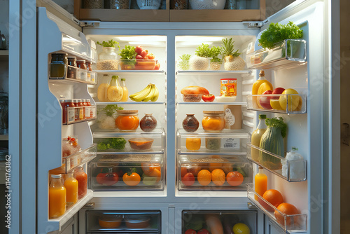 Front View of open two door fridge or refrigerator door filled with fresh fruits, vegetables, juice, full of healthy food items and ingredients inside