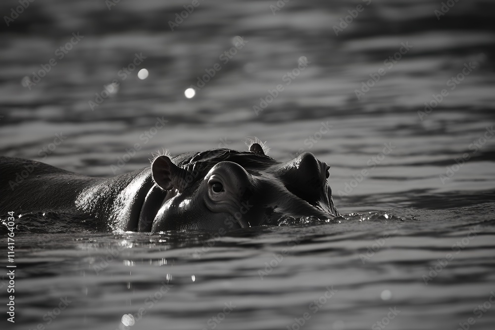Hippo swimming in tranquil water during sunset near a riverbank in an African landscape Hippo swimming in tranquil water during sunset near a riverbank in an African landscape