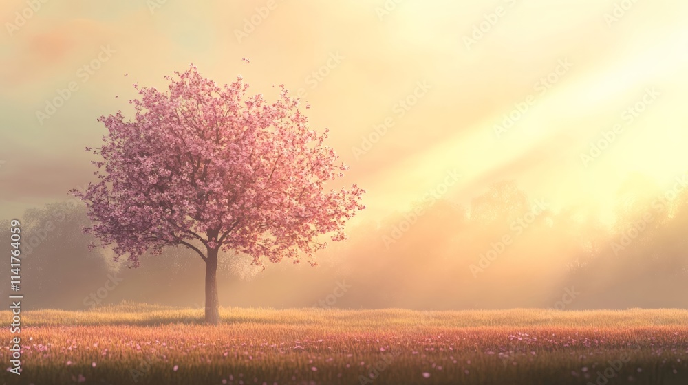 A Beautiful Pink Tree Stands Alone in a Bright Field Under Soft Morning Light A Beautiful Pink Tree Stands Alone in a Bright Field Under Soft Morning Light