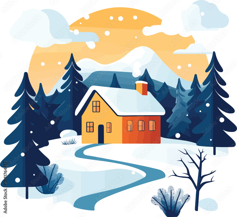 Fototapeta premium Winter landscape with house, Flat vector art to represent winter. Happy New Year