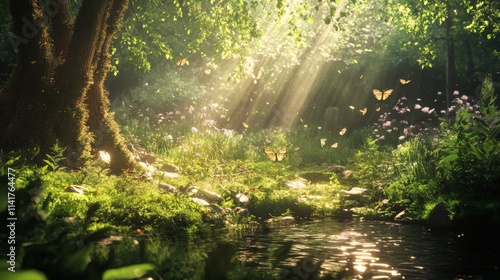 A serene forest scene with sunlight streaming through trees and butterflies fluttering over a calm stream. Nature’s beauty captured perfectly.