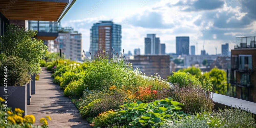 Modern rooftop garden with lush greenery and city skyline views under a bright sky. Modern rooftop garden with lush greenery and city skyline views under a bright sky.