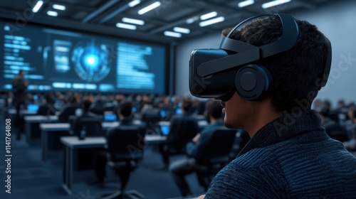 Attendees at a technology conference engage with cutting-edge virtual reality equipment, surrounded by large screens displaying data and graphics in a breathtaking venue