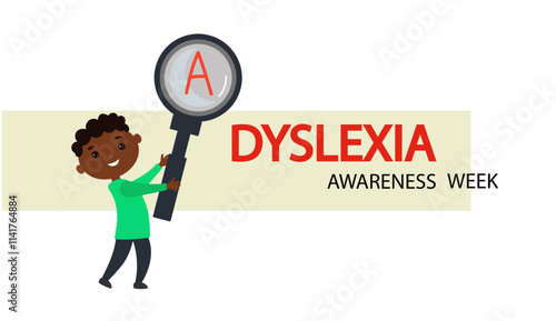 Dyslexia child concept. african american cute boy holds a large magnifying glass and studies the letters. Reading skills. speech Therapy ,Vector illustration isolated on white background.	
