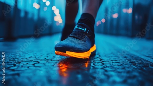 Wallpaper Mural Jogging along a slick, wet pavement, a runner's glowing shoes reflect neon lights under a dusky sky. The atmosphere is filled with urban energy and shimmering colors Torontodigital.ca