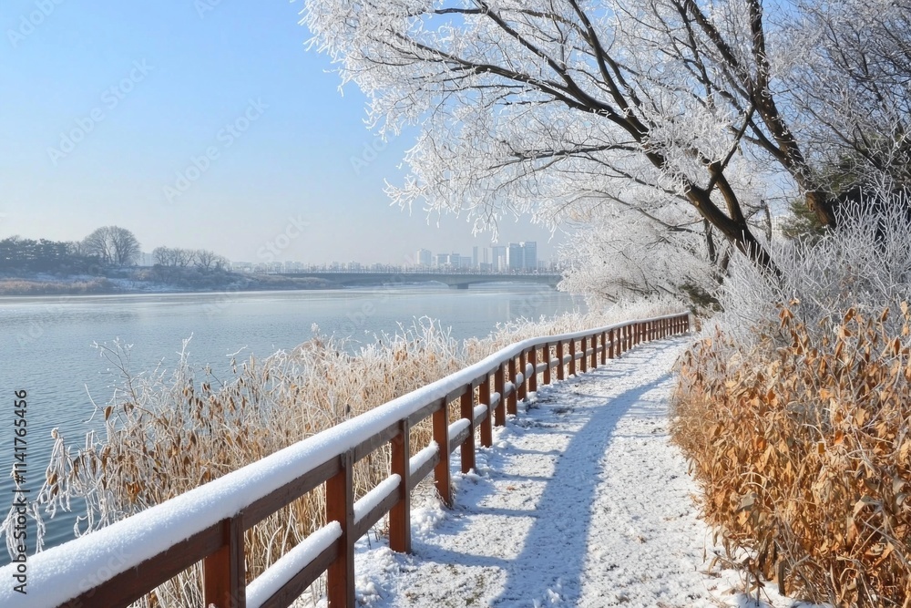 Obraz premium A lake with rime and trees, a wooden guardrail path leading to the water's surface, covered in white snow on both sides of the road,