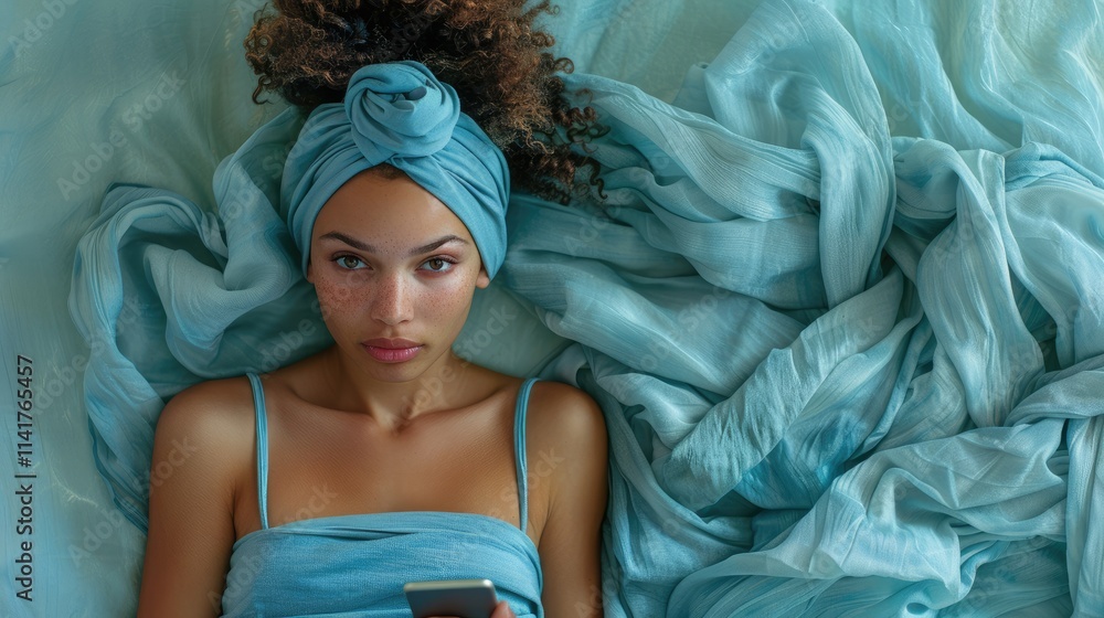 A serene portrait of a woman lying on a bed of blue fabric, holding a phone. A serene portrait of a woman lying on a bed of blue fabric, holding a phone.