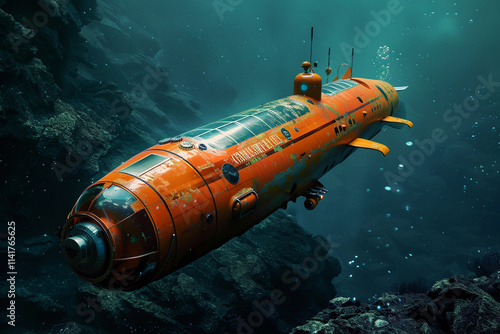 Beautiful large bathyscaphe floating in middle of ocean during exploration photo