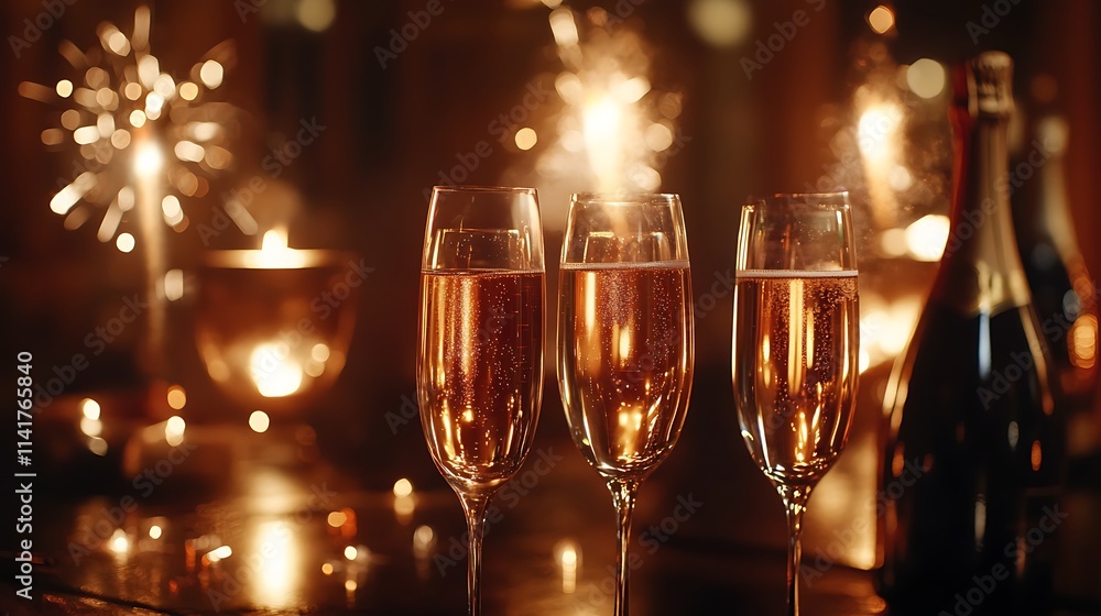 New Year Party With Champagne Glasses And Sparkling Fireworks New Year Party With Champagne Glasses And Sparkling Fireworks