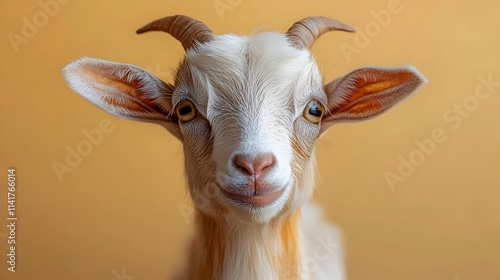 A goat with a white face and brown ears is staring at the camera photo