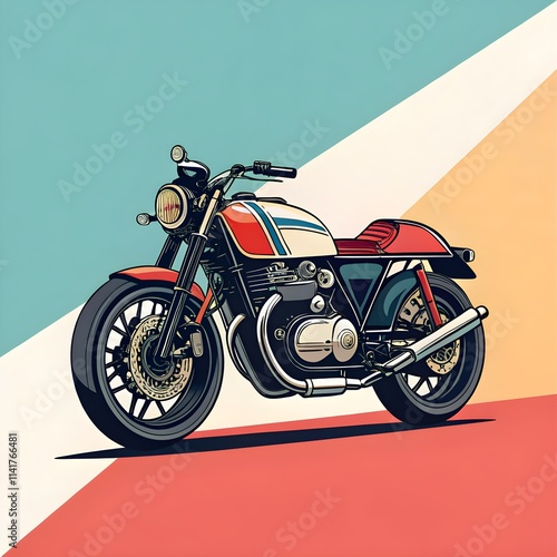 A motorcycle illustrated in a vector style, positioned on a striking a Colourful background, highlighting its features. photo