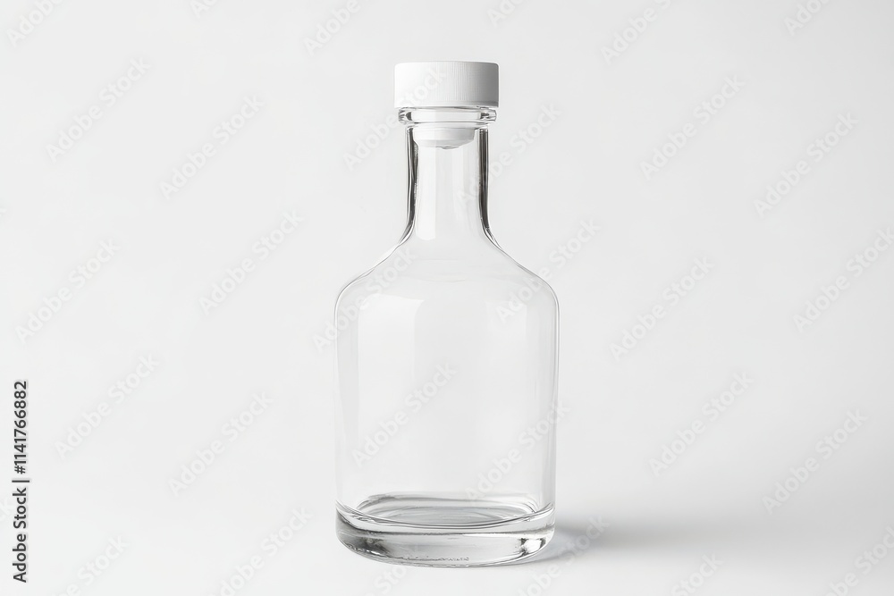 Empty glass bottle with a white cap on a clean white background Empty glass bottle with a white cap on a clean white background