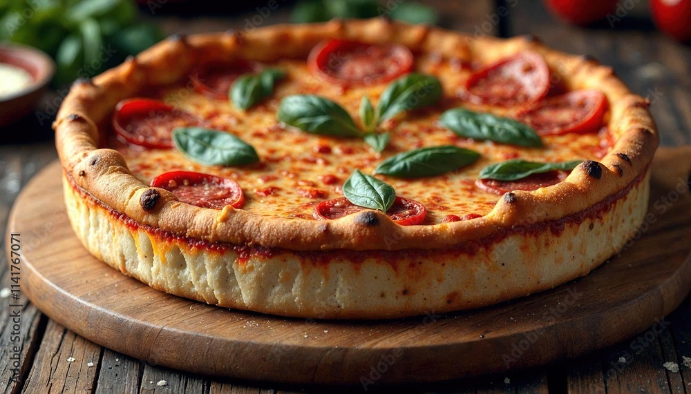 Chicago-Style Deep-Dish Pizza on Wooden Board Chicago-Style Deep-Dish Pizza on Wooden Board