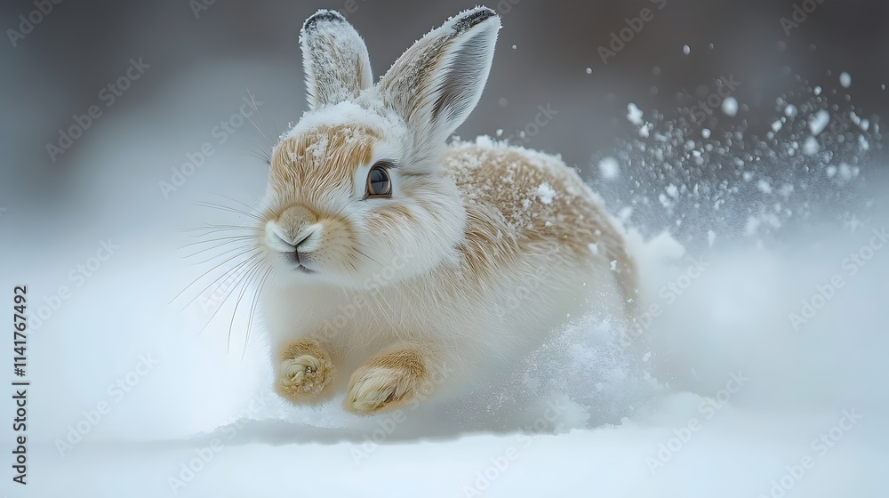 A rabbit is running through the snow, leaving a trail of white powder behind it A rabbit is running through the snow, leaving a trail of white powder behind it