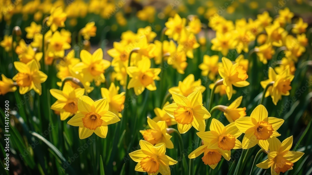 Vibrant yellow daffodil flowers blooming in a sunlit field, bloom, sunlight Vibrant yellow daffodil flowers blooming in a sunlit field, bloom, sunlight