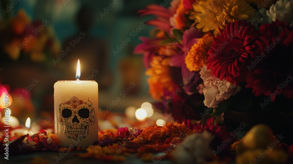 Lit sugar skull candle with flowers and petals on Day of the Dead altar. Lit sugar skull candle with flowers and petals on Day of the Dead altar.