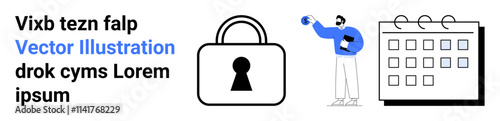 Man holding a ball beside a large calendar and lock, representing secure planning and organization. Ideal for business management, calendar scheduling, time management, security, productivity