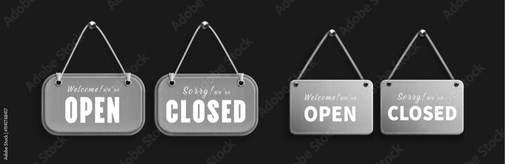 Metallic board signs with open closed status indicators. Realistic 3d silver plates with white text hang by rope. Modern industrial doorway metal displays for contemporary business establishments. Metallic board signs with open closed status indicators. Realistic 3d silver plates with white text hang by rope. Modern industrial doorway metal displays for contemporary business establishments.