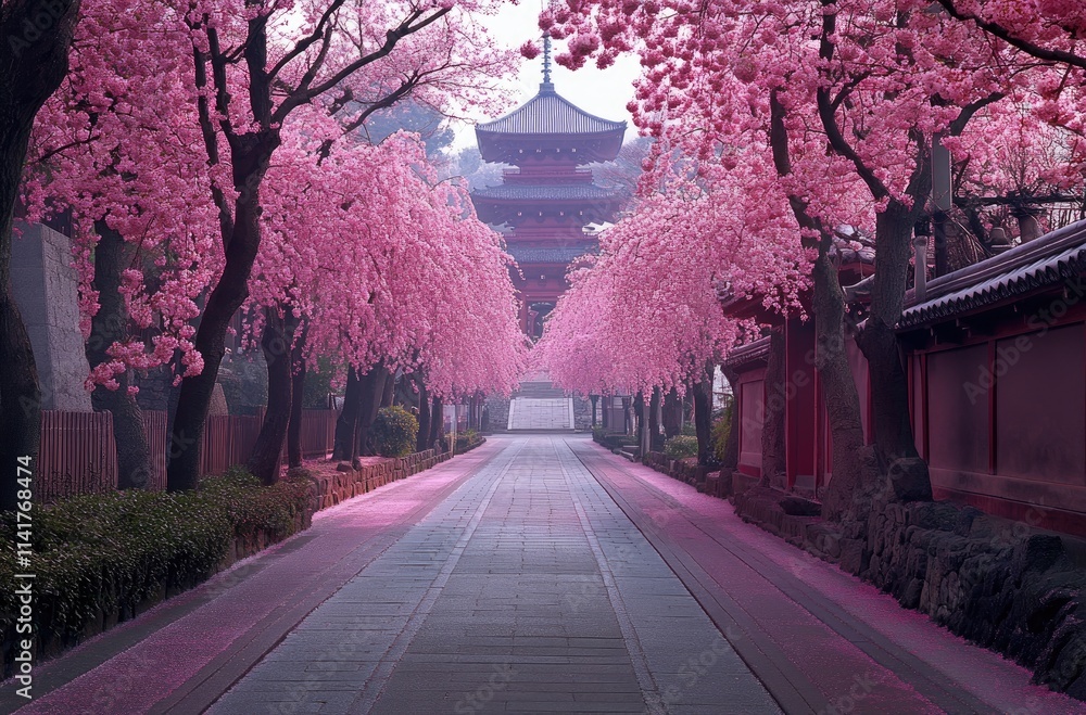 A serene Japanese street lined with cherry blossom trees, leading to an ancient temple with traditional wooden architecture and pagodas A serene Japanese street lined with cherry blossom trees, leading to an ancient temple with traditional wooden architecture and pagodas