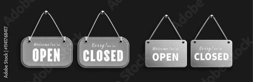 Metallic board signs with open closed status indicators. Realistic 3d silver plates with white text hang by rope. Modern industrial doorway metal displays for contemporary business establishments.