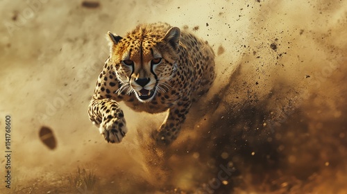 Cheetah running fast, wild animal in dust, action photo, wildlife photography photo