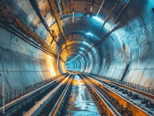 Crosssection view of an underground metro construction site, engineering processes and urban expansion
