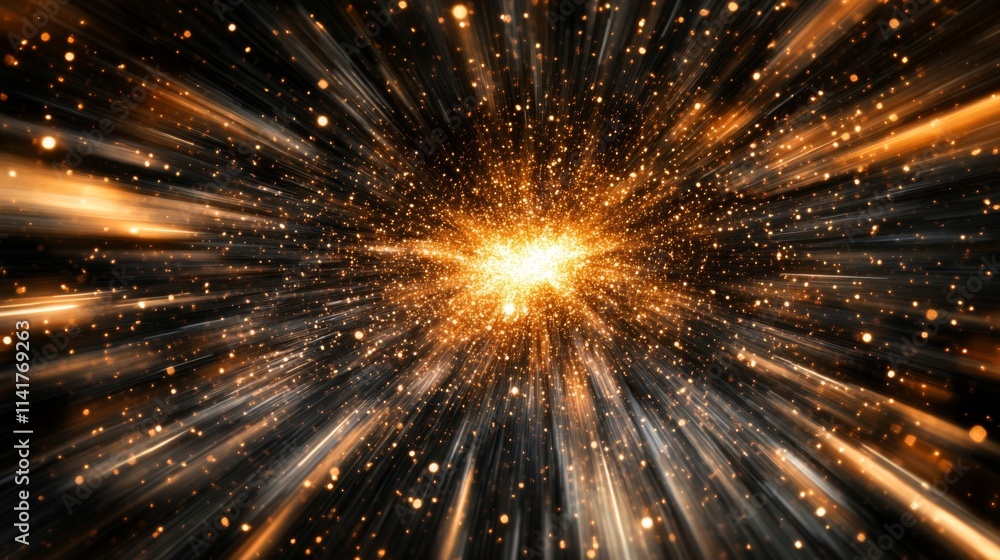 Golden Light Explosion Radiating Bright Energy Particles Golden Light Explosion Radiating Bright Energy Particles