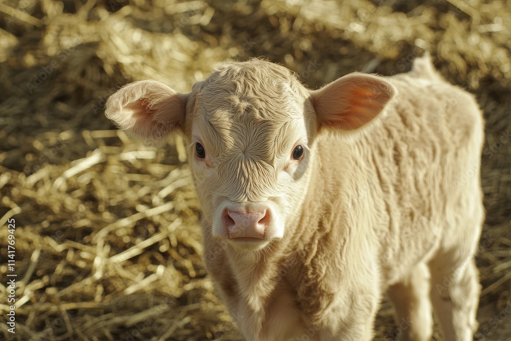Obraz premium Cute, light beige calf stares directly at camera, surrounded by straw.