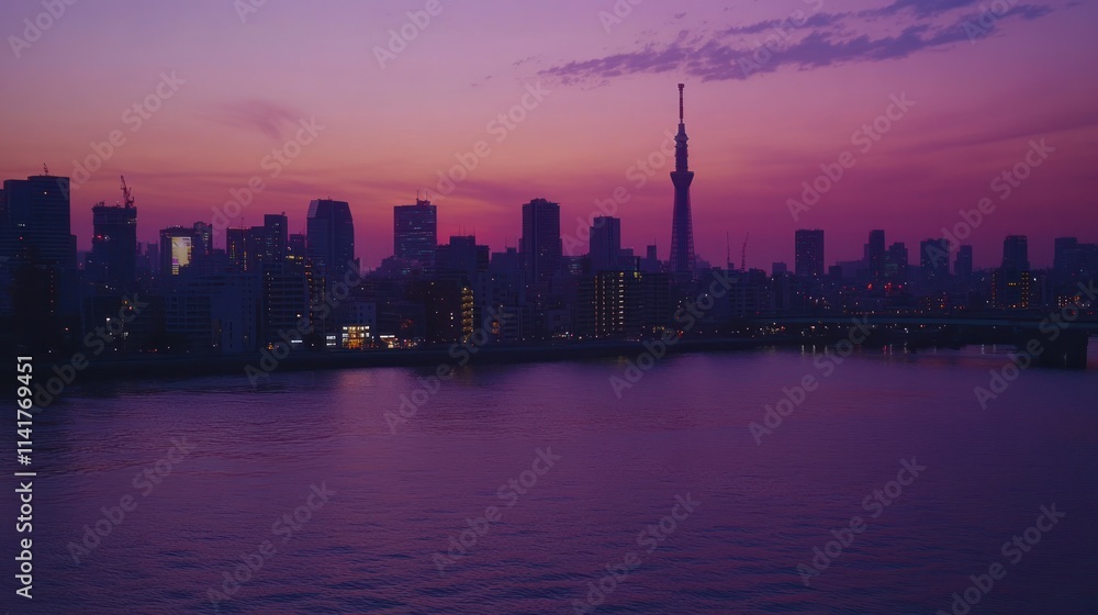 Tokyo skyline at sunset, cityscape reflected in river. Tokyo skyline at sunset, cityscape reflected in river.