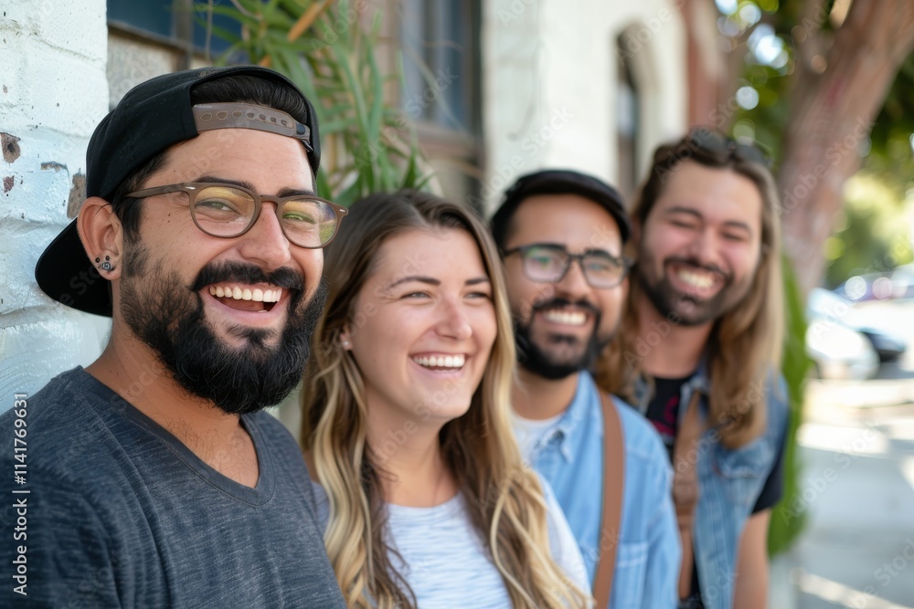 Portrait of a group of friends smiling at the camera while standing in the street Portrait of a group of friends smiling at the camera while standing in the street