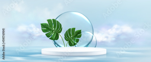 Round podium with monstera leaves on blue sky and water background. Vector realistic illustration of white product presentation platform, green plant, glass decoration, clouds in cosmetics showroom