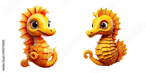 Cheerful Cartoon Seahorses in Vibrant Yellow Tones, isolated on transparent background photo