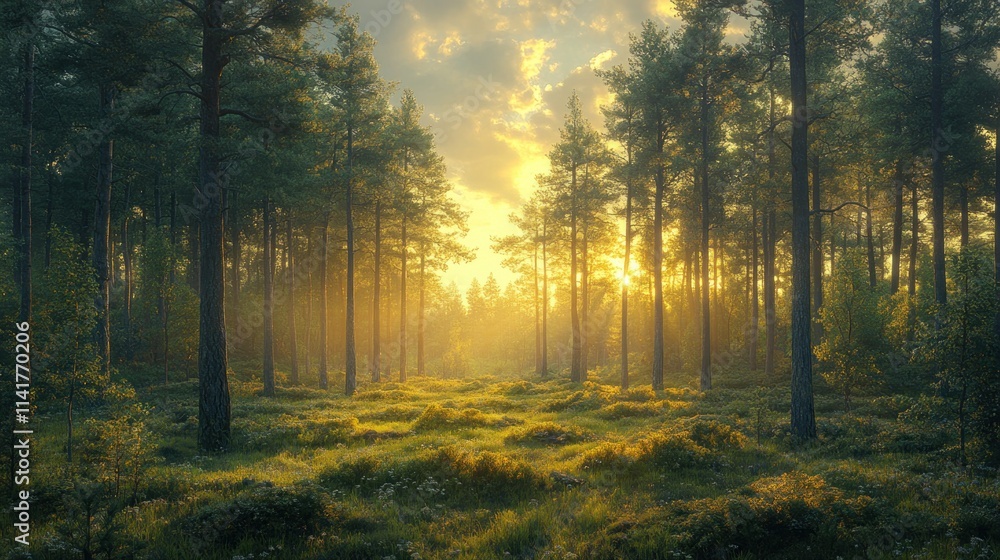 Obraz premium Sunlit forest path, golden hour, peaceful nature.