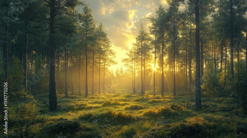 Sunlit forest path, golden hour, peaceful nature.