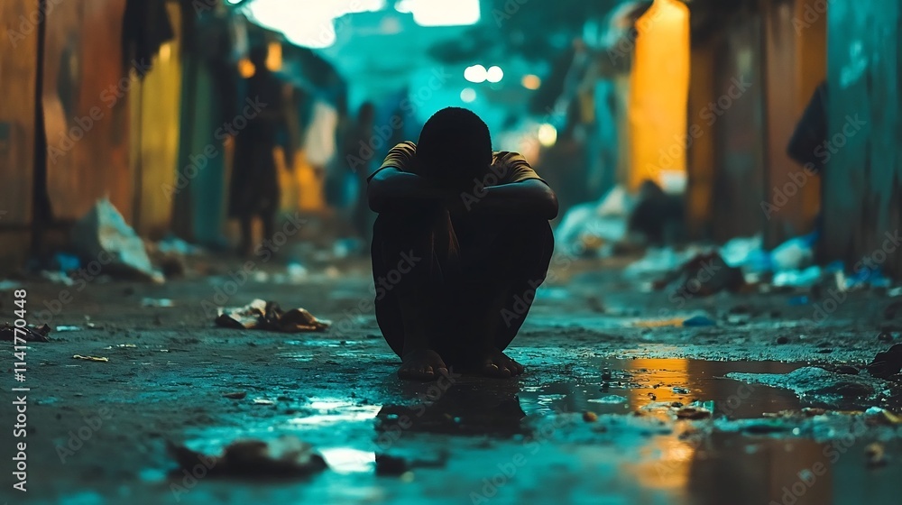 Lone figure crouching in dark abandoned urban alley at night Lone figure crouching in dark abandoned urban alley at night