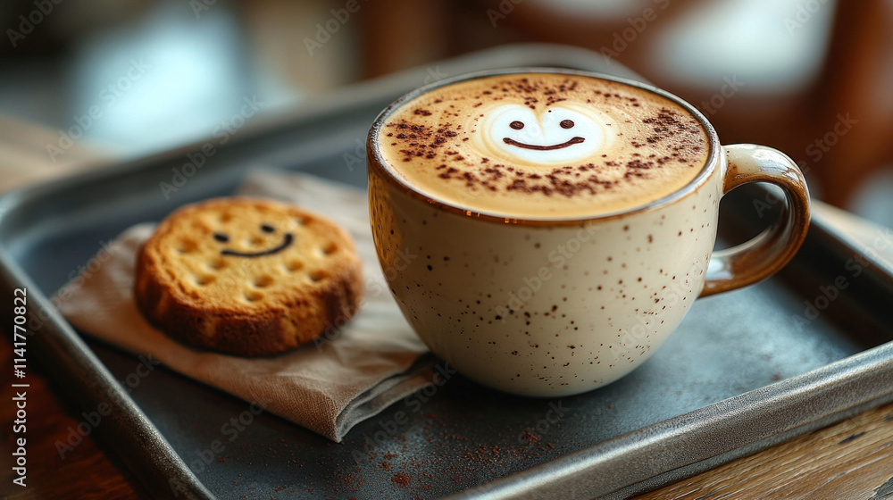 A cappuccino with perfectly steamed foam served on a tray with a biscotti and a smiley napkin A cappuccino with perfectly steamed foam served on a tray with a biscotti and a smiley napkin