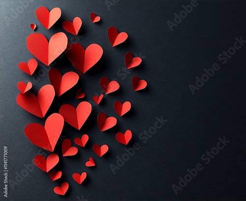 Red paper hearts scattered on dark background