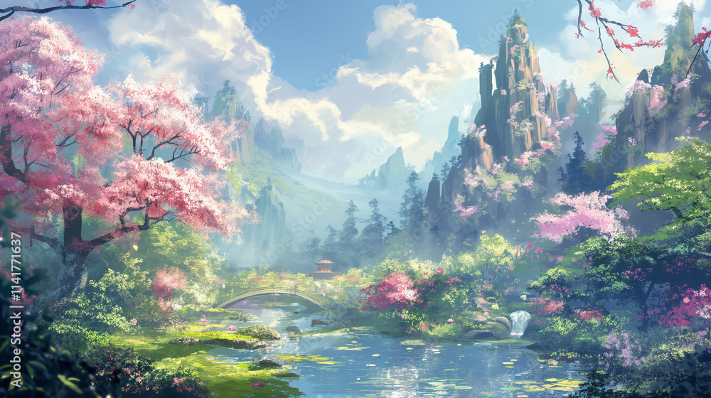 Naklejka premium 桜の花と湖のある幻想的なイラスト