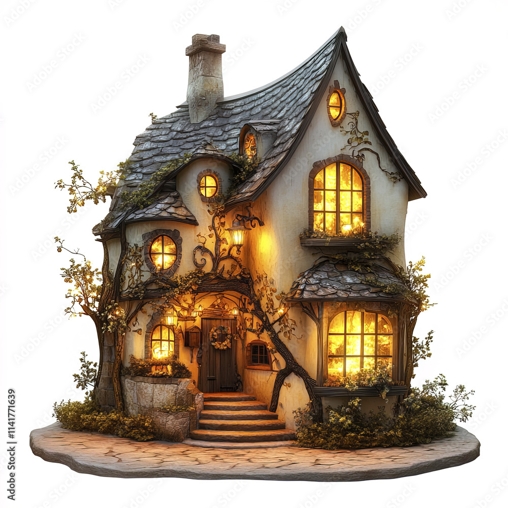 Fototapeta premium whimsical fairy tale house glowing with magical lanterns and warm lights