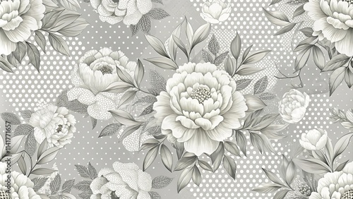 Elegant Monochrome Floral Pattern with Dotted Background and Intricate Leaf Details