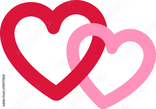 Two linked hearts icon. 
Locked linked love heart shape flat vector.
Two hearts together vector.
For celebrating Valentine's Day or wedding.
Transparent background.