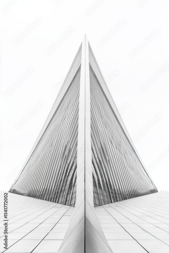 A minimalist style of a building roof and facade, featuring sharp lines and geometric shapes of glass panels against an isolated white background. A minimalist style of a building roof and facade, featuring sharp lines and geometric shapes of glass panels against an isolated white background.
