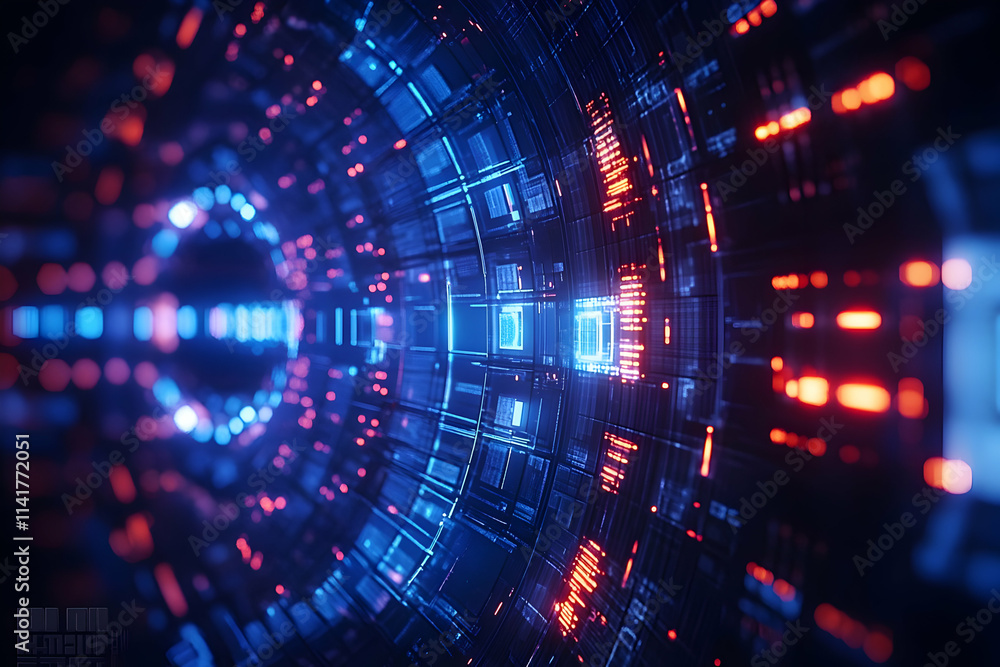 Abstract digital tunnel with glowing lights and circuit board patterns. Abstract digital tunnel with glowing lights and circuit board patterns.