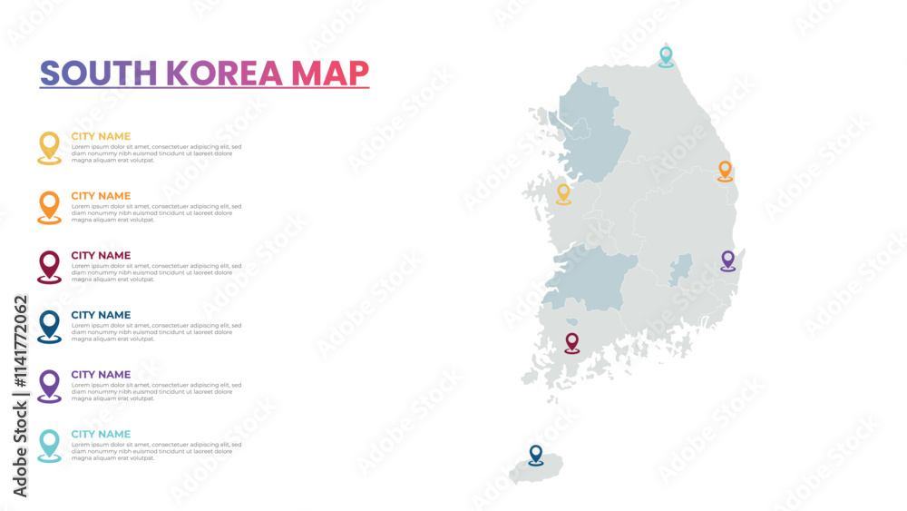 Naklejka premium South Korea Modern Map Infographic Template, Detailed infographic map of South Korea Popular City